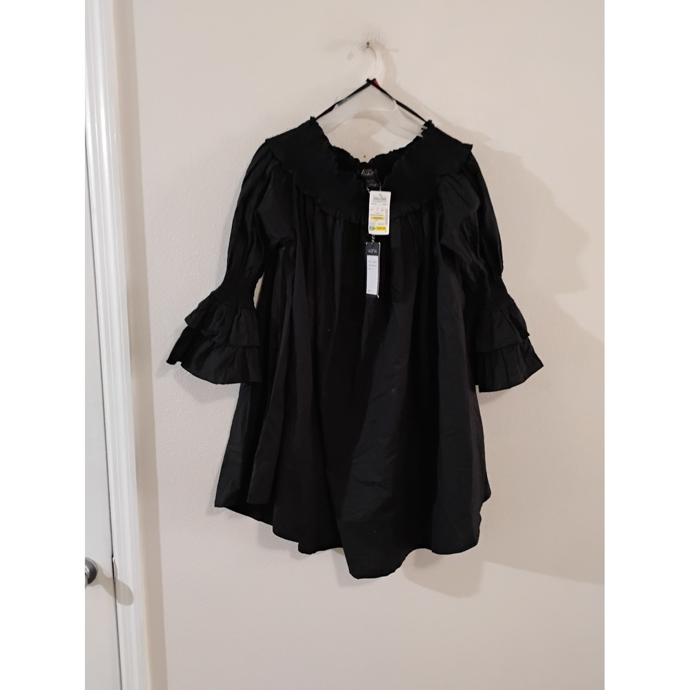 VASNA Black Ruffle Off Shoulder Mini Dress Tiered Bell Sleeve Babydoll Small NWT